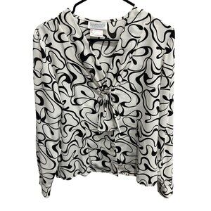 Blouseworks Black White Abstract Print Blouse Front Tie Detail Top Size Medium